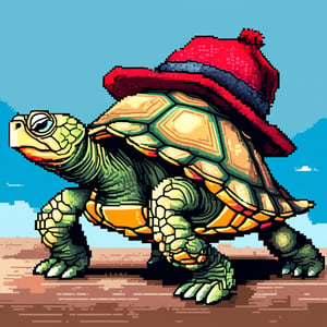 ((Turtle wearing a hat on the head:1.6)), turtle's red eyes, limbs crawling forward, (full body), (side full body picture), sky blue background, (Pixel art:1.5), pixel style,pixelstyle,