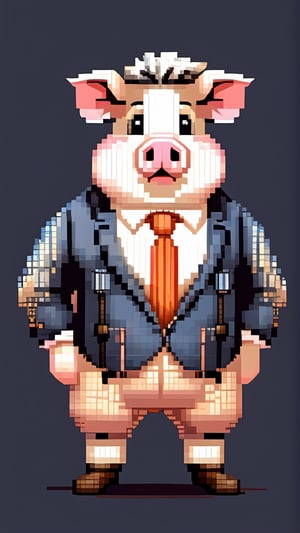 (a white-striped pig, anthropomorphic figure), weighing 100kg, (hair is a braid, the braid is draped across the chest), ((wearing a suit, the figure)), (standing on two legs), commanding with both hands forward, smiling towards the camera,pixel style