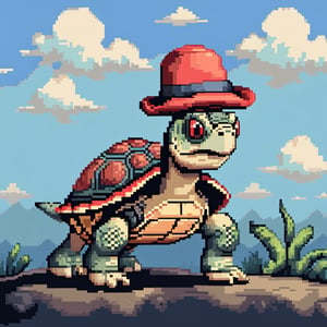 ((Turtle wearing a hat on the head:1.6)), turtle's red eyes, limbs crawling forward, (full body), (side full body picture), sky blue background, ((Pixel art:1.5)), pixel style,pixelstyle,