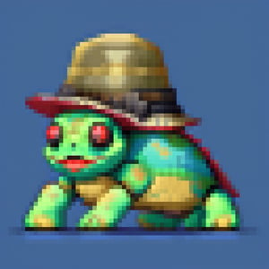 A turtle, ((with a hat on his head and red eyes:1.1)), crawling forward on all fours,(full body picture),(from the side:1.9),
A blue background,(Pixel Art :1.3), Pixel style,pixelartstyle