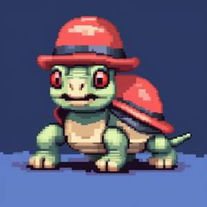 A turtle, ((with a hat on his head and red eyes:1.1)), crawling forward on all fours,(full body picture),(from the side:1.9),
A blue background,(Pixel Art :1.3), Pixel style,pixelartstyle