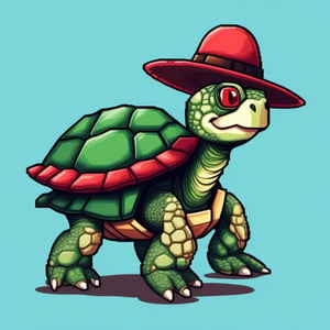 Turtle wearing a hat on the head, turtle's red eyes, limbs crawling forward, (full body), (side full body picture), sky blue background, (Pixel art :1.1), pixel style,