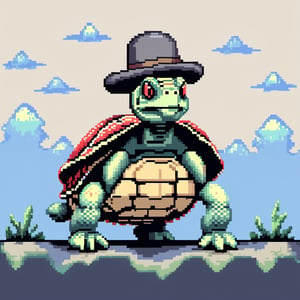 ((Turtle wearing a hat on the head:1.6)), turtle's red eyes, limbs crawling forward, (full body), (side full body picture), sky blue background, ((Pixel art:1.5)), pixel style,pixelstyle,