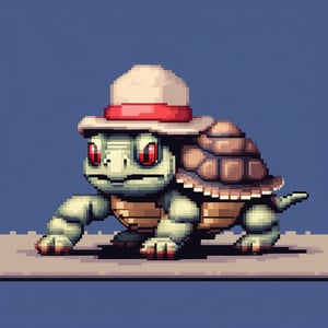 A turtle, ((with a hat on his head and red eyes:1.1)), crawling forward on all fours,(full body picture),(from the side:1.9),
A blue background,(Pixel Art :1.3), Pixel style,