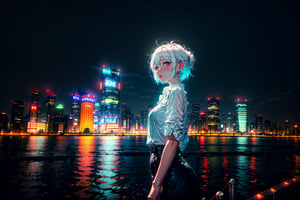 A bustling cityscape of Tokyo, with neon lights and towering skyscrapers, and on the right side, a stunning girl with vibrant short white hair and a flowing white shirt that she is wearing 