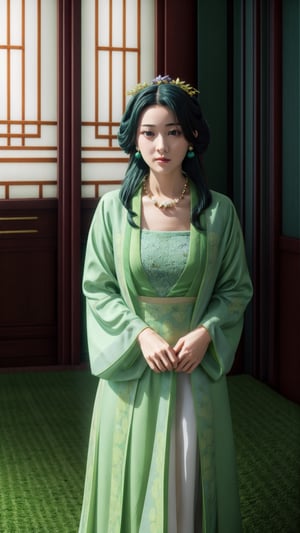 ultra realistic, extremely detailed, maomao,1girl, 16yo, full body, beautiful face, big eyes, cute lips, pale skin, symmetrical hair, (dark green hair), BREAK
,luxurious hanfu with flower-leaves-butterfly patterns, hair ornament, hair flower, emerald earrings, pearl necklace, standing in a fantastic flower field, dreamy vibe, soft focus, high contrast, shot on kodak ultramax 400, cinematic lighting, sleek, sexy pose, Realism,Masterpiece,photorealistic