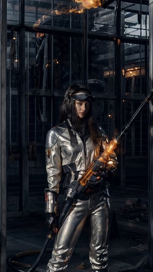 ultra realistic, highly detailed, aesthetic, artistic, a young woman, full body, a young girl, wearing a sleek, futuristic spacesuit with neon orange accents, (carrying a flamethrower including fuel tank, fuel valve, igniter, hose, nozzle, Polished brass body, intricate Art Deco engravings), Gas gauge on side, worn leather trigger. Highlighting the craftsmanship and power within. Light rays catch the surface, emphasizing textures and worn details  confidently wielding a high-tech flamethrower integrated into her right arm gauntlet. The flamethrower emits a vibrant blue flame, illuminating the surrounding alien ruins. The girl's face is partially obscured by a transparent visor, revealing determined eyes and a hint of defiance. The ruins are metallic and imposing, reflecting the dying embers of the flamethrower's blast. The overall style is sci-fi, futuristic, and slightly dark, with a focus on strong composition and lighting. Artstation, cinematic, detailed, high resolution, glamorous, and high-fashion. Vogue, classic, detailed, high resolution,VINTAGE, 