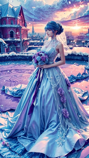 1girl, 19yo, masterpiece, best quality, highly detailed, ice blue hair, purple eyes, vintage updo, delicate lace veil, wearing a white wedding dress, holding a bouquet of red flowers, diamond wedding ring on her finger, outdoor, standing under the falling snow, thick snow on the ground, backlighting from the dusk, dreamy, romanticism