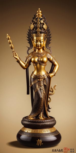 1 chinese God with dragon hyperdetailed dark bronze sculpture, (masterful), in the ancient style of the best chinese art, detailed and intricate, golden line, yellow crystals, glass elements, complex background, golden intricately detailed background, black color,photorealistic,apsara