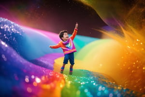 ultra realistic, Pan Shot, a playful young boy dissolving into sparkling, magical particles, transforming into vibrant, rainbow-colored paint, radiating with joy and excitement, illuminated by shimmering starlight, (cinematic), tilted frame, looking at the camera, Telescope lens, with a whimsical carnival as the background