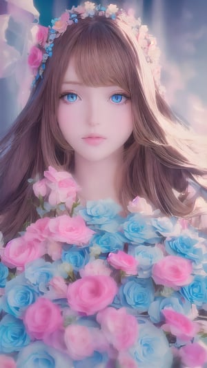 portrait, Pretty girl , long hair, flowers hair, perfect skin, clear blue eyes, soft focus,ViNtAgE