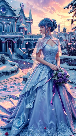 1girl, 19yo, masterpiece, best quality, highly detailed, ice blue hair, purple eyes, vintage updo, delicate lace veil, wearing a white wedding dress, holding a bouquet of red flowers, diamond wedding ring on her finger, outdoor, standing under the falling snow, thick snow on the ground, backlighting from the dusk, dreamy, romanticism