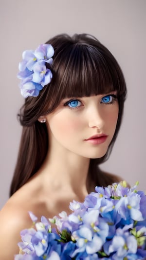 portrait, Pretty girl , long hair, flowers hair, perfect skin, clear blue eyes, soft focus,ViNtAgE,photorealistic