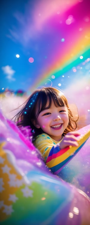 ultra realistic, Pan Shot, a playful young girl dissolving into sparkling, magical particles, transforming into vibrant, rainbow-colored paint, radiating with joy and excitement, illuminated by shimmering starlight, (cinematic), tilted frame, looking at the camera, Telescope lens, with a whimsical carnival as the background