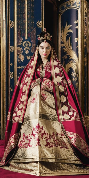 (full body), 1girl, French noblewoman,(French),adorned in opulent attire blending Chinese and medieval European styles,Envision her wearing a luxurious silk robe, traditional Chinese patterns, layered over a lavish gown featuring rich fabrics and elaborate draping characteristic of medieval European fashion,elegantly styled hair, adorned with ornate hairpins and delicate silk ribbons, award - winning photograph, masterpiece,photorealistic,Masterpiece,joseon,dark_myth
