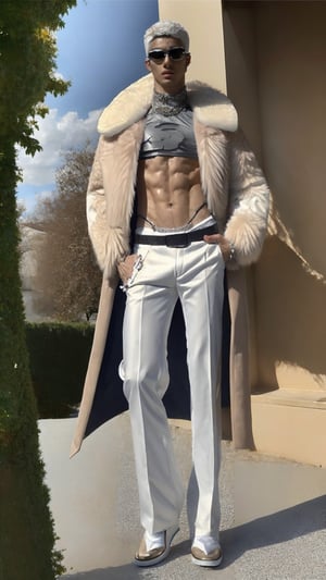 masterpiece, Best Quality, Ultra-detailed, solo, (full body, navel, six packs), Extreme detailed,Realistic,handsome, cyborg, Extreme Realistic, young, male focus, musular, wearing extremely luxurious coat, high quality, beautiful high Detailed white short hair,photorealistic
