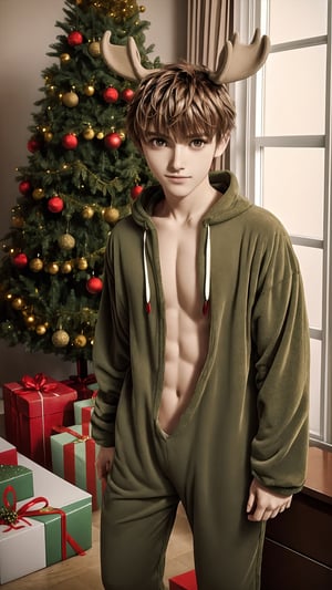 polaroid photo, 1boy, cute, 18 yo, handsome, ripped, full body, moose onesie costume, christmas tree, gift boxes. playful, joyful, foggy, magical, masterpiece, highly detailed, absurdres,  correct_anatomy,syaoran_tsubasa_chronicle,brown hair