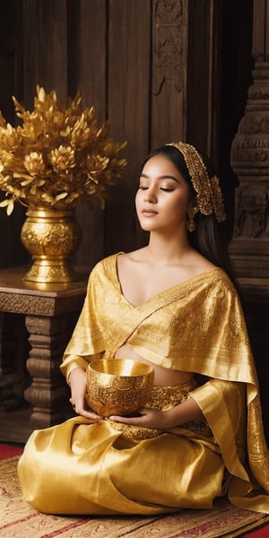 A young woman in a golden-hued silk apsara costume, adorned with lotus flower embroidery. She kneels gracefully, offering a bowl of fragrant flowers and incense at a sacred shrine, sunlight illuminating the scene with a warm glow. (Style: Devotional, Peaceful, Detailed)
,Masterpiece,photorealistic,apsara