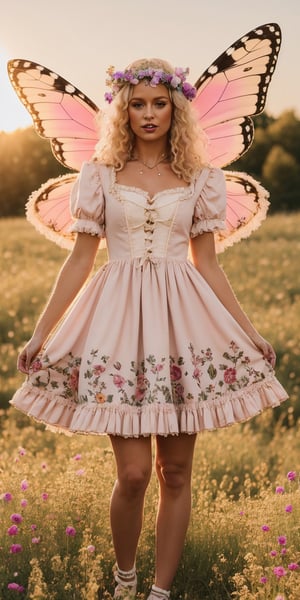 A model with butterfly wings and flower crown, dressed in a light pink lolita dress with cascading ruffles. She stands on tiptoes, seemingly about to take flight in a sunlit meadow filled with wildflowers. (Style: Fantastical, Cute, Detailed)
,Masterpiece,glittering,photorealistic,lolimix