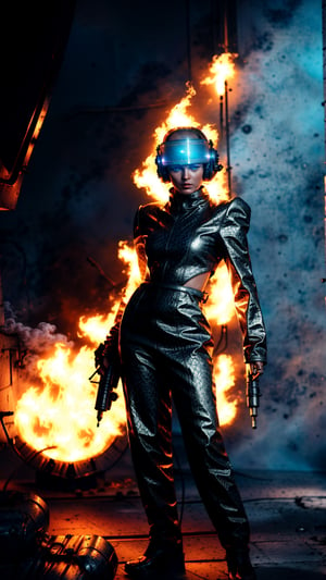 ultra realistic, highly detailed, aesthetic, artistic, a young woman, full body, a young girl, wearing a sleek, futuristic spacesuit with neon orange accents, (carrying a flamethrower including fuel tank, fuel valve, igniter, hose, nozzle, Polished brass body, intricate Art Deco engravings), Gas gauge on side, worn leather trigger. Highlighting the craftsmanship and power within. Light rays catch the surface, emphasizing textures and worn details  confidently wielding a high-tech flamethrower integrated into her right arm gauntlet. The flamethrower emits a vibrant blue flame, illuminating the surrounding alien ruins. The girl's face is partially obscured by a transparent visor, revealing determined eyes and a hint of defiance. The ruins are metallic and imposing, reflecting the dying embers of the flamethrower's blast. The overall style is sci-fi, futuristic, and slightly dark, with a focus on strong composition and lighting. Artstation, cinematic, detailed, high resolution, glamorous, and high-fashion. Vogue, classic, detailed, high resolution,VINTAGE, ,monkren,vintage