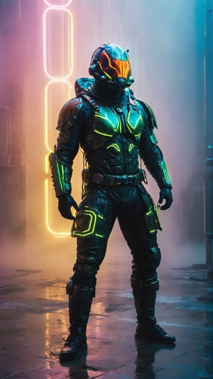 highly detailed, backlighting, silhouette of a man in beetle costume, beetle armor,  futuristic respirator, muscular body, sexy, neon light, misty background, (full body), cyberpunk style,detailmaster2,detailmaster2,Movie Still,xxmixgirl,DonMCyb3rN3cr0XL ,cyberpunk style,aw0k geometry