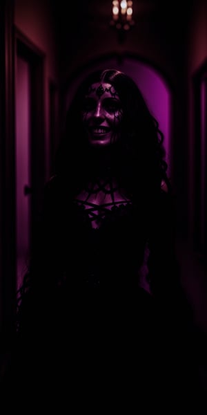 A model in a black and purple dress, trapped in a nightmare castle, struggles against thorny vines that pierce her skin. Her smile is replaced by a scream, echoing through the twisted halls. (Style: Dark Fantasy, Body Horror, Detailed)
,lolimix,Masterpiece