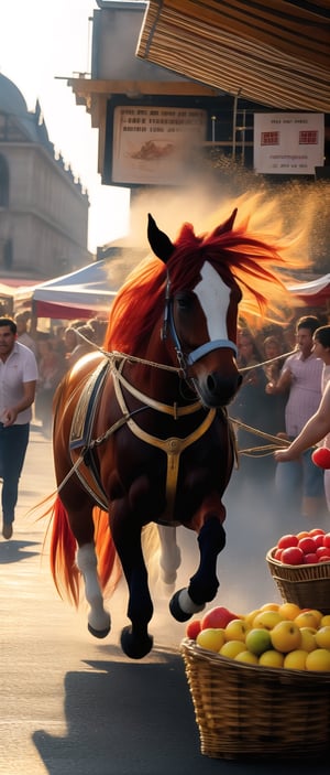 A bustling marketplace explodes into chaos as a runaway horse chariot careens through the crowd. A young woman with bright red hair escapes narrowly, her face etched with fear as she dives into a nearby stall, clutching her basket of overflowing fruit. (Cinematic, action, historical)