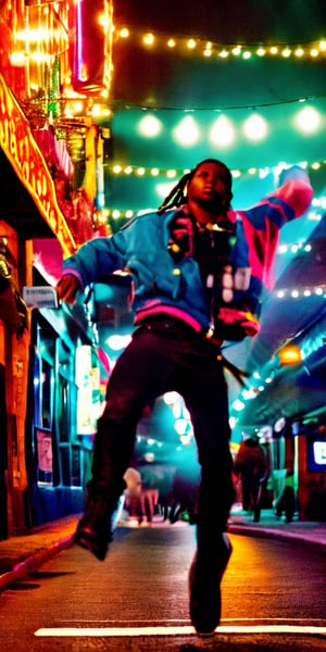 On a dimly lit, 90s-inspired street at night, a young Black man with long hair leaps energetically. He wears a hip-hop style jacket, jeans, and boots, with a chain gleaming around his neck. The scene is steeped in nostalgic darkness, capturing the essence of the era.