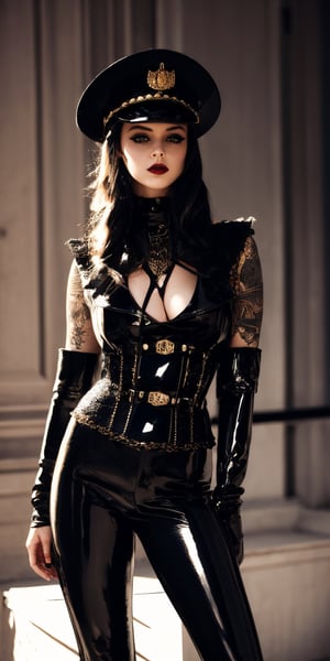 beautiful Nordic Girl, clad in a gothic punk-inspired latex military outfit,military hat, attire should incorporate intricate bondage elements, blending seamlessly into the design. The setting should exude a dark and mysterious ambiance, accentuating the overall edgy and alluring aesthetic. Pay attention to details like clothing texture, lighting nuances, and the surrounding atmosphere to create a captivating visual narrative