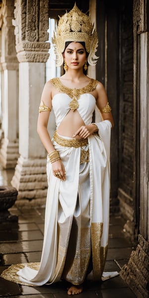  A young woman in a flowing, white apsara costume adorned with intricate gold embroidery and shimmering jewels. She gracefully dances beneath the silver moonlight in an ancient temple courtyard, surrounded by lotus ponds and fragrant incense smoke. (Style: Ethereal, Elegant, Detailed)
,Masterpiece,photorealistic,apsara