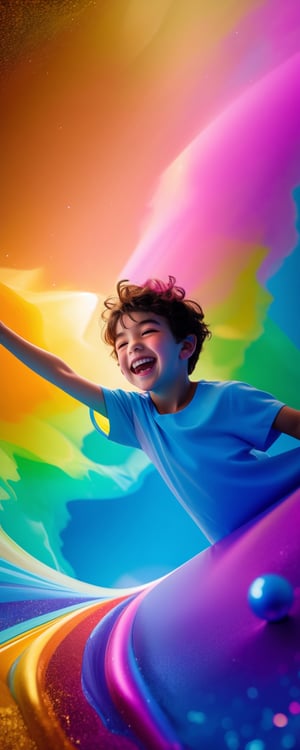 ultra realistic, Pan Shot, a playful young boy dissolving into sparkling, magical particles, transforming into vibrant, rainbow-colored paint, radiating with joy and excitement, illuminated by shimmering starlight, (cinematic), tilted frame, looking at the camera, Telescope lens, with a whimsical carnival as the background