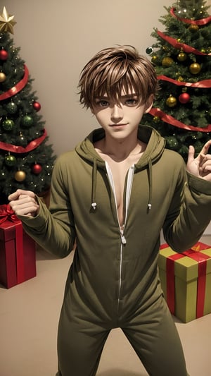 polaroid photo, 1boy, cute, 18 yo, handsome, ripped, full body, frog onesie costume, christmas tree, gift boxes. playful, joyful, foggy, magical, masterpiece, highly detailed, absurdres,  correct_anatomy,syaoran_tsubasa_chronicle,brown hair