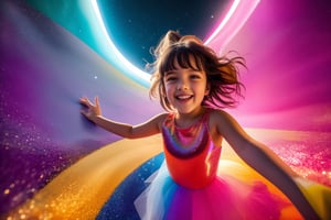 ultra realistic, Pan Shot, a playful young girl dissolving into sparkling, magical particles, transforming into vibrant, rainbow-colored paint, radiating with joy and excitement, illuminated by shimmering starlight, (cinematic), tilted frame, looking at the camera, Telescope lens, with a whimsical carnival as the background
