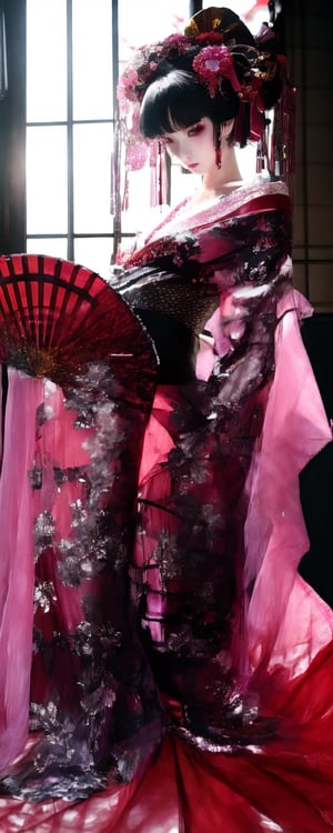 (Master),((ballet dancer)),((full body)), A fusion of traditional Japanese aesthetics and Gothic Lolita fashion, where elegant kimono silhouettes intertwine with the dark allure of Gothic elements, elaborate kimonos trimmed with lace, in deep, rich colors, with gorgeous obis and corseted bodices. Intricate hair ornaments fuse traditional knob kanzashi with gothic motifs, deep purple, black, and blood red tones, and delicate fabrics,utsukushi
