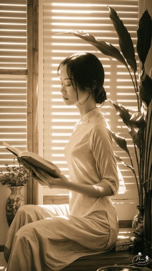 1girl, solo, ultra detailed, hyper realistic, best quality, masterpiece, full body, Sunlight filters through bamboo blinds, illuminating a woman in a silk áo dài adorned with delicate hand-painted poems. She sits gracefully, lost in a book, the scent of incense filling the air, creating a timeless portrait of serenity. (Evokes: Tranquility, intellectual beauty, cultural richness), viet_beauty,photorealistic