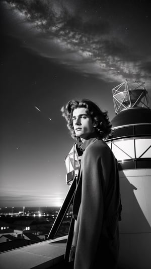 A rooftop observatory hums with the whirring of vintage telescopes. A young astronomer, his hair tousled by the wind, peers through the lens, searching for cosmic wonders amidst the starlit sky. Candid, curious, high resolution.,ViNtAgE,photorealistic,Masterpiece,Detailedface