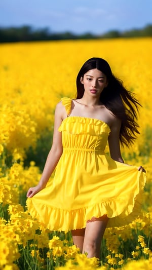 masterpiece, Best Quality, Ultra-detailed, finely detail, hight resolution, 8K Wallpaper, Perfect dynamic composition, Natural Color Lip, chinese girl, (Wearing a ruffle long yellow dress),(Longhair),drawn action: The girls must be running far away without looking back in a flower field, (The wind blows her ruffle long yellow dress), 20 year-old girl,(cowboy shot),Basking in the morning sun,1 girl,photorealistic