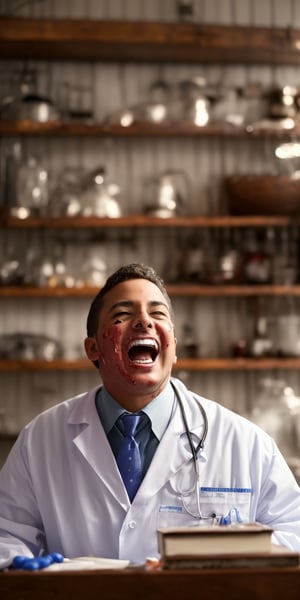 A grizzled surgeon, eyes gleaming with deranged joy, hunches over a patient. His once-white coat is stained crimson, tools of healing transformed into instruments of torture. Blood drips from scalpels, syringes gleam menacingly. Open shelves mock the lack of medicine, replaced by a twisted sense of amusement. Laughter, raspy and unsettling, escapes his lips, a chilling prelude to the agony to come. (Style: Medical Horror, Suspenseful, Detailed)
,ViNtAgE,photorealistic