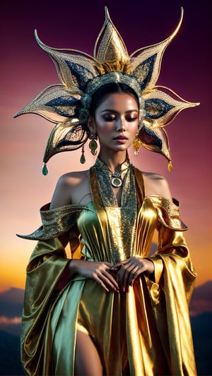 High fashion editorial, Tang dynasty meets Thai silk, celestial alien, twilight desert caravanserai, soft-focus lens, close-ups, golden hour. Model: emerald silk tunic with Tang phoenixes, celestial tattoos, shimmering eyes, jade bangle, ethereal wings. Inspiration: Jim Thompson silks, Guo Pei couture, Iris van Herpen, dreamy focus, celestial magic. Tone: mystical, enchanting, ethereal. Photography style: high-contrast chiaroscuro, close-ups, tilted angles. Tone: mysterious, captivating,lolimix,1 girl,vintage,photorealistic