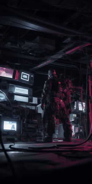 create an image depicts a scene that appears to be sci-fi movie, showing a character amidst an array of electronic equipment and machinery. The environment is cluttered with cables and screens displaying unreadable data. The image has a dark, chaotic, and somewhat eerie atmosphere due to the disarray of the equipment and the lighting,yk_cyborgs