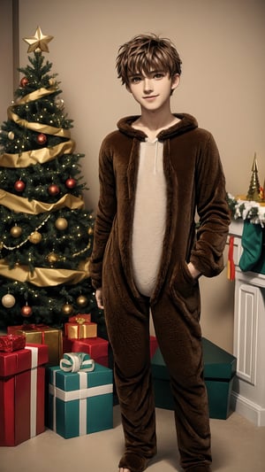 polaroid photo, 1boy, cute, 18 yo, handsome, ripped, full body, bear onesie costume, christmas tree, gift boxes. playful, joyful, foggy, magical, masterpiece, highly detailed, absurdres,  correct_anatomy,syaoran_tsubasa_chronicle,brown hair