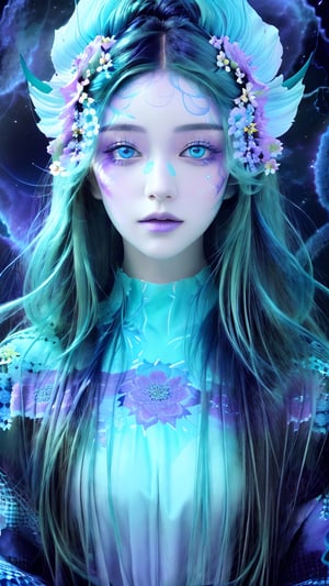 Pretty girl face with flowers in hair. perfect skin, perfect clear blue and green eyes, face dissolving into the surroundings, depth, 4k, best quality, trippy art, dmt art,honeycomb fractal patterns, in background with dark colors, layers, vivid colors, flower_core,dragonx2