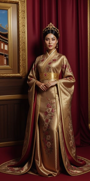 (full body), 1girl, French noblewoman,(French),adorned in opulent attire blending Chinese and medieval European styles,Envision her wearing a luxurious silk robe, traditional Chinese patterns, layered over a lavish gown featuring rich fabrics and elaborate draping characteristic of medieval European fashion,elegantly styled hair, adorned with ornate hairpins and delicate silk ribbons, award - winning photograph, masterpiece,photorealistic,Masterpiece,joseon,dark_myth