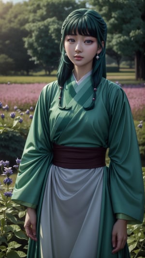 ultra realistic, extremely detailed, maomao,1girl, 16yo, full body, beautiful face, big eyes, cute lips, pale skin, symmetrical hair, (dark green hair), BREAK
,luxurious hanfu with flower-leaves-butterfly patterns, hair ornament, hair flower, emerald earrings, pearl necklace, standing in a fantastic flower field, dreamy vibe, soft focus, high contrast, shot on kodak ultramax 400, cinematic lighting, sleek, sexy pose, Realism,Masterpiece,photorealistic