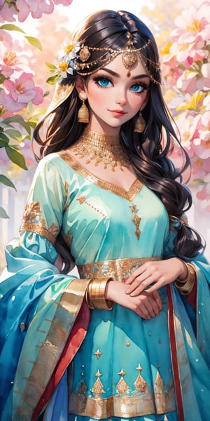 (watercolor medium:1.3), (watercolor painting:1.5), //quality Masterpiece, ultra detailed, hyper high quality, quality beyond the limits of AI, the ultimate in wisdom, top of the line quality, 8K, //Character 1girl, Beautiful eyes, detailed eyes, big eyes, grin, fine face, //Fashion (Sharara Kameez:1.3), //Background Beautiful blue sky, calm sunshine, flower garden,ME_beauty