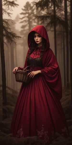 A young woman in a crimson lolita dress with a woven basket and red hooded cloak, encountering a charming wolf in a dark forest. (Style: Gothic, Mysterious, Detailed)
,Masterpiece,glittering,photorealistic,lolimix
