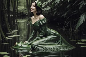 model in a swamp-green dress kisses a frog, but instead of becoming human, she transforms into a monstrous amphibian. Her smile is replaced by croaks, as she's trapped in a body she doesn't recognize. (Style: Body Horror, Dark Fairytale, Detailed)
,lolimix,Masterpiece