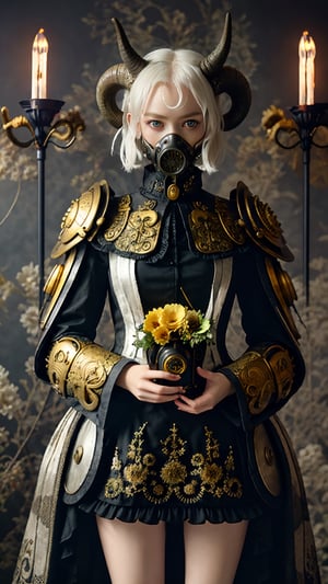  short messy hair, 1 girl, (masterful), blur, black_hair, albino demon girl,slit pupil eyes,Intricate Iris Details,heterochromia_iridis,(gas mask),(long intricate horns:1.2) ,pure white hair,Wearing Medieval black Knight Armor,Gold carved full plate Armor, best quality, highest quality, extremely detailed CG unity 8k wallpaper, detailed and intricate, ,steampunk style,perfecteyes, flower_core