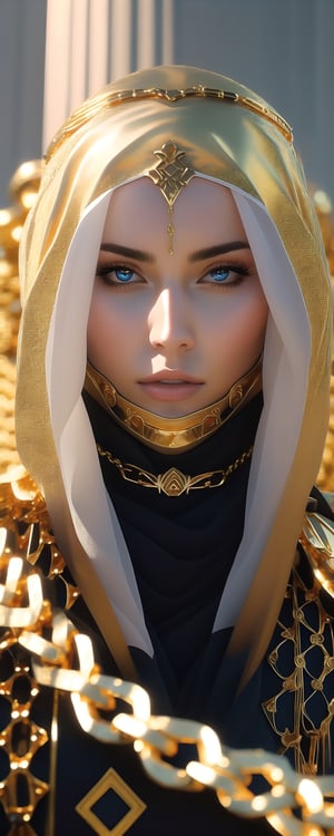 Lady Jessica, a prominent character in "Dune," is depicted as a commanding figure draped in a flowing robe, cascades from her head,Her attire symbol of her status and authority,((Gold chains wrapped around the face:1.5)),billows around her as she moves, creating an aura of grace and elegance.Her piercing blue eyes, a striking contrast against her dark robes, captivate those who meet her gaze. Behind their beauty lies a depth of wisdom and determination, reflecting her inner strength and resolve