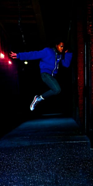 On a dimly lit, 90s-inspired street at night, a young Black man with long hair leaps energetically. He wears a hip-hop style jacket, jeans, and boots, with a chain gleaming around his neck. The scene is steeped in nostalgic darkness, capturing the essence of the era.